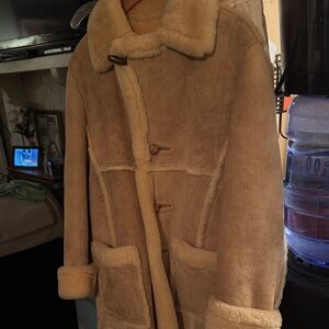 Schott NYC Tan Shirley three-quarter jacket with leather buttons. Preowned